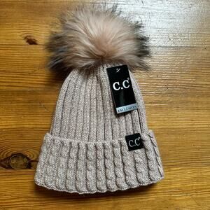 C.C. Couture beige indi pink angora fur pom pom beanie hat OS